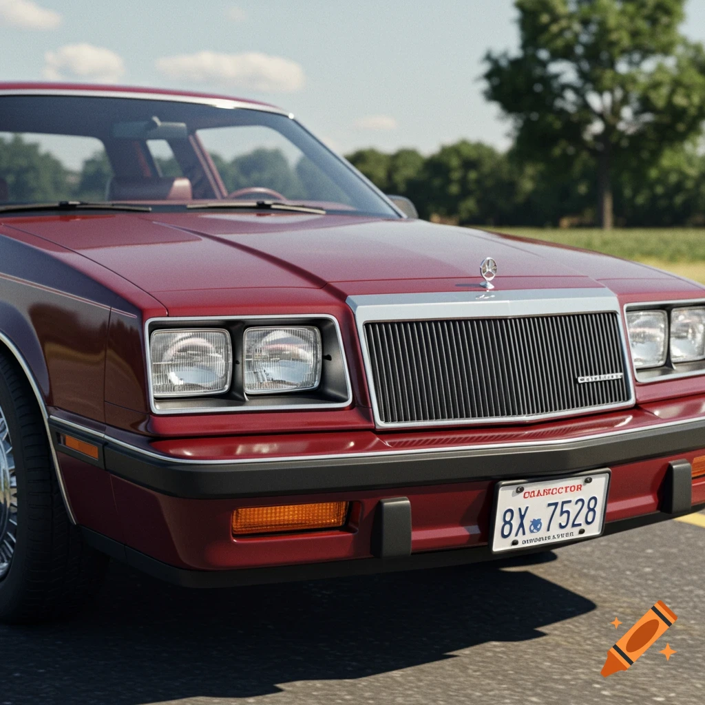 Close up of a red 1980s Chrysler car driving on a road