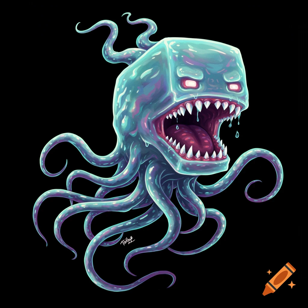 A stylized, monstrous Minecraft Ghast with glowing eyes, sharp teeth, and tentacles on a black background.