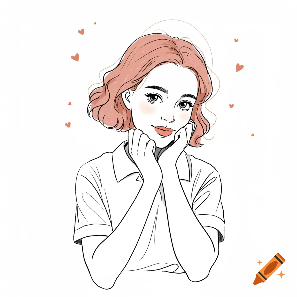 Line drawing of a young woman with short pink hair and hearts