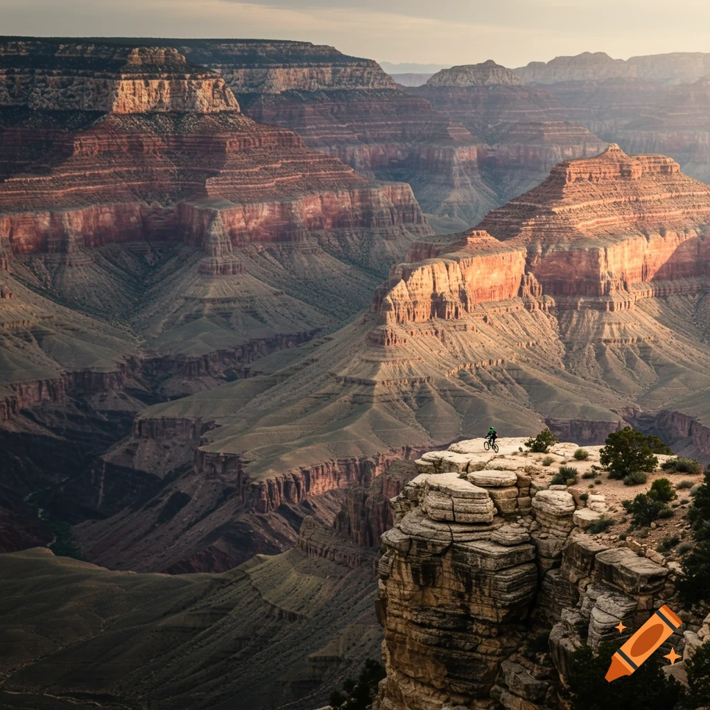 A biker sits on a rocky outcrop overlooking a vast, sunlit canyon landscape.