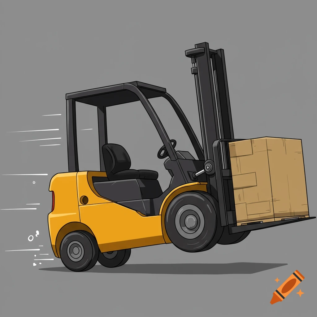 Cartoon illustration of a yellow forklift speeding with a box.