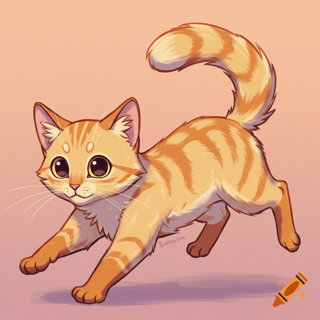 Cartoon illustration of an orange tabby cat stretching.