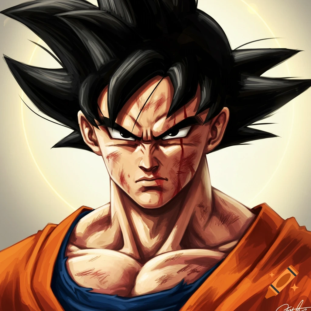 Close-up portrait of Goku with scars, wearing his orange gi, in an anime art style.