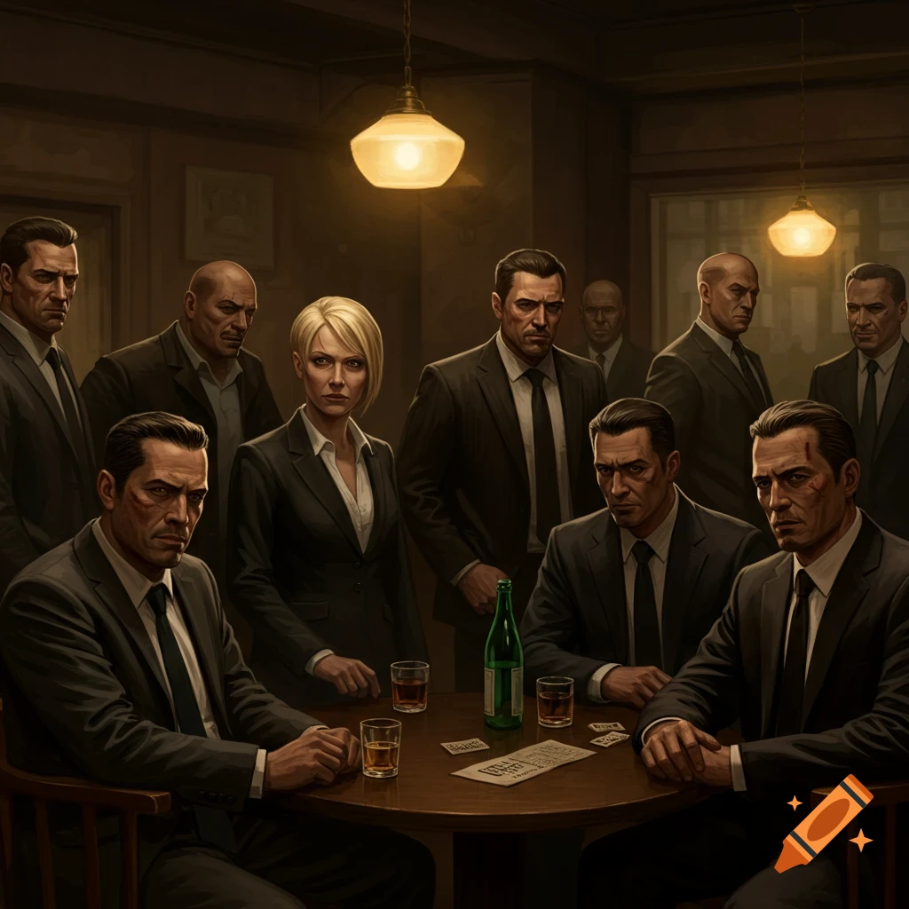 A group of serious people in suits gathered around a table in a dim room.