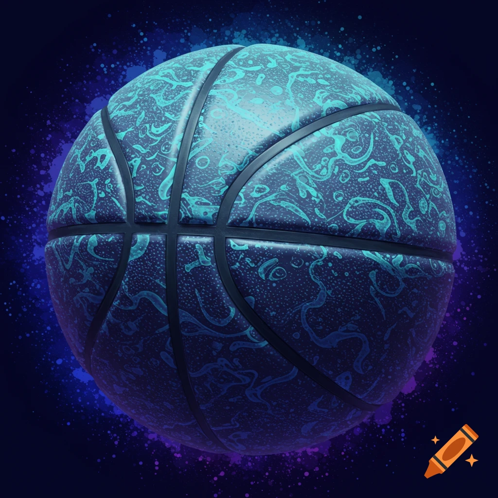 A blue basketball with an aqua swirling pattern on a dark blue background with splatters.