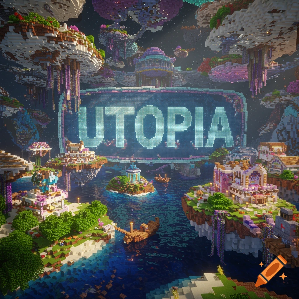 Minecraft style floating islands utopia with buildings, boats, and UTOPIA sign.