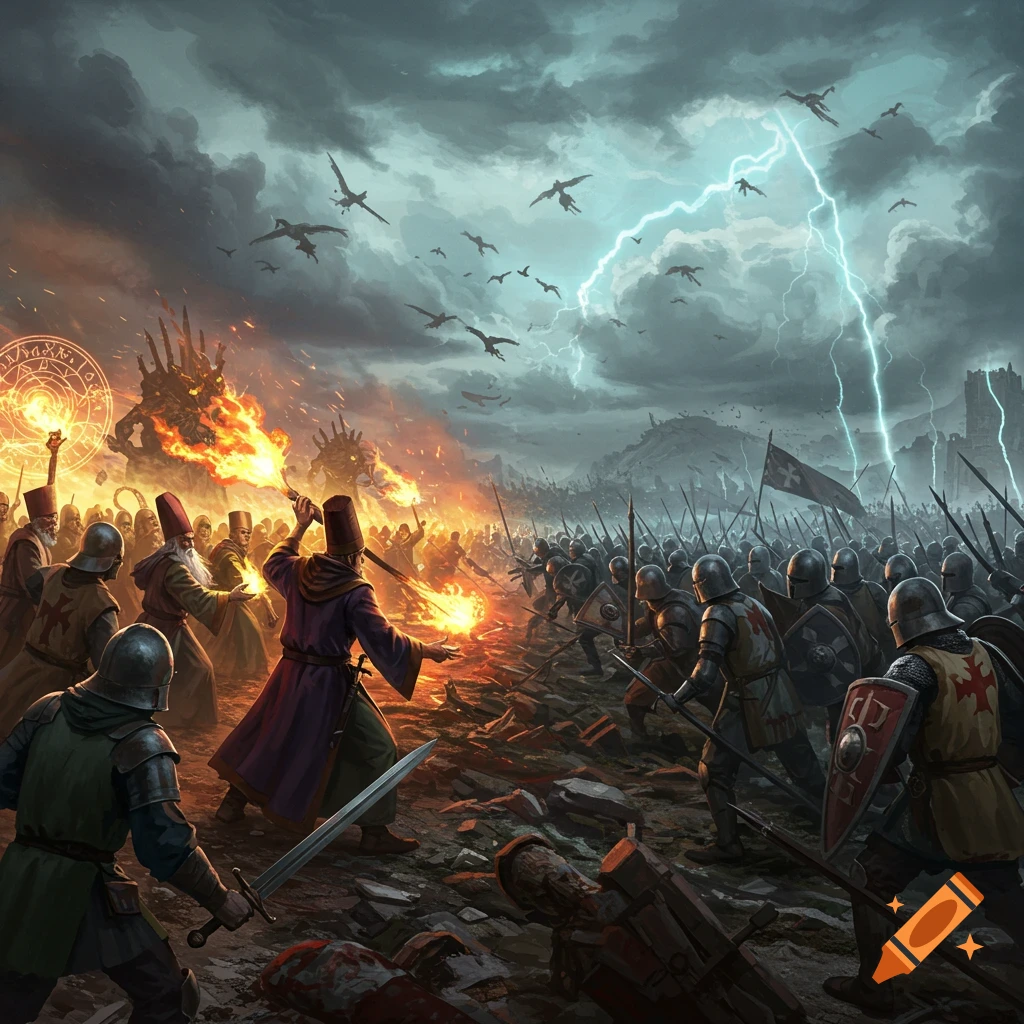 Epic fantasy battle between armies of soldiers and wizards under a lightning storm.