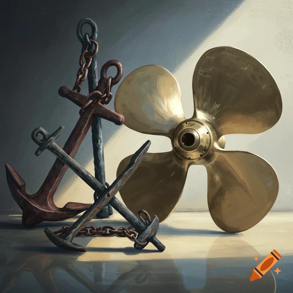 Illustration of three anchors and a boat propeller