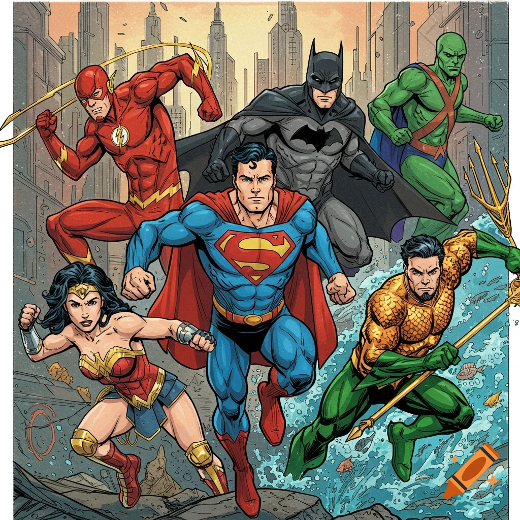 Six DC superheroes, including Superman, Batman, Flash, Wonder Woman, Martian Manhunter, and Aquaman, in an action pose against a cityscape, in a comic art style.
