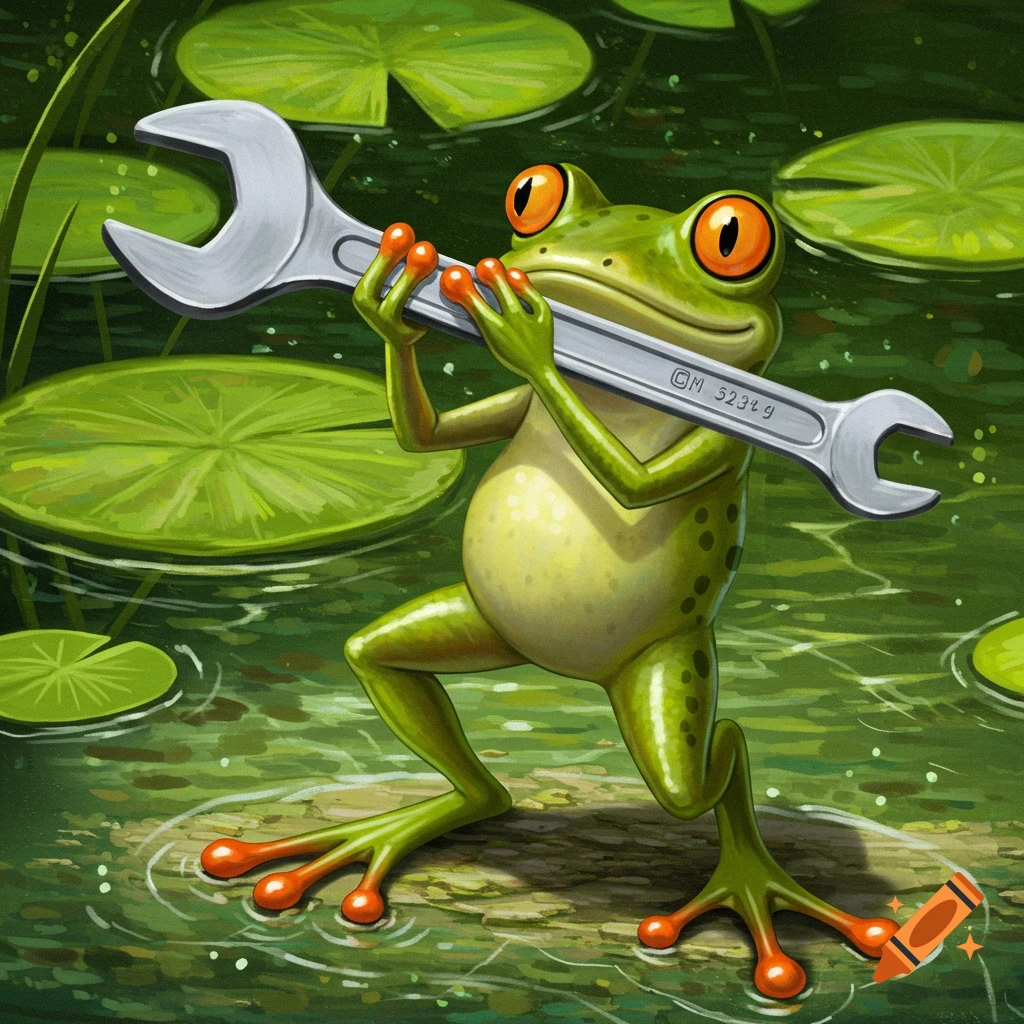 Painting of a frog holding a wrench like a trumpet