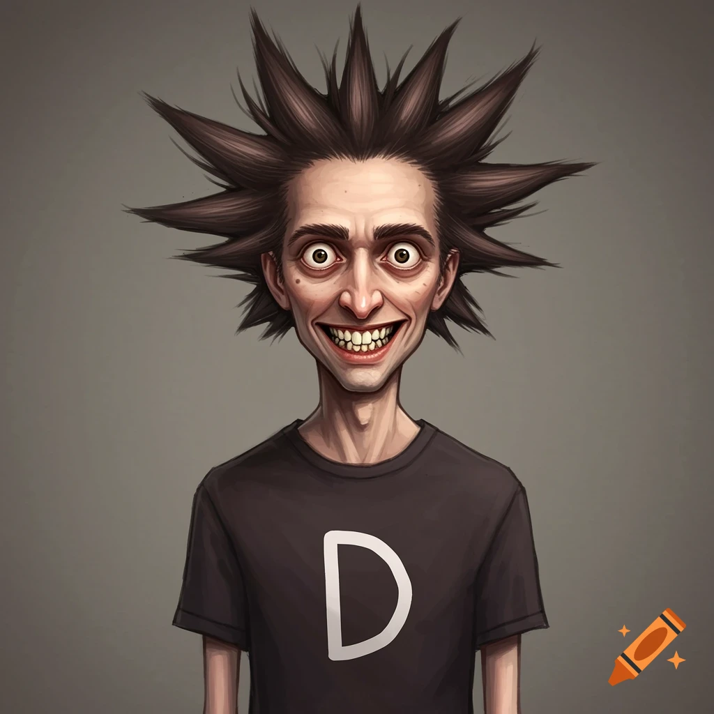 Cartoon man with spikey hair, funny teeth, and shirt with a white D.