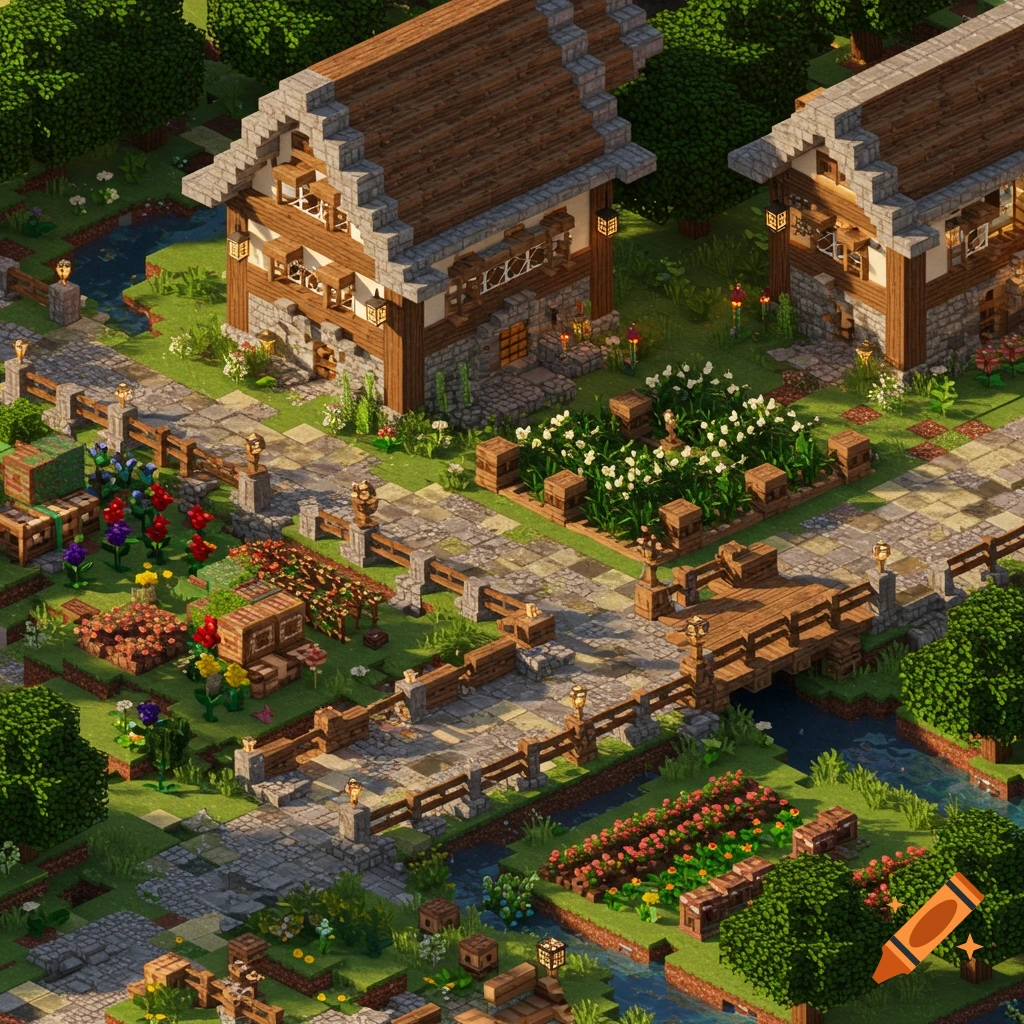 Isometric view of blocky houses, gardens, paths, and a river in Minecraft style.