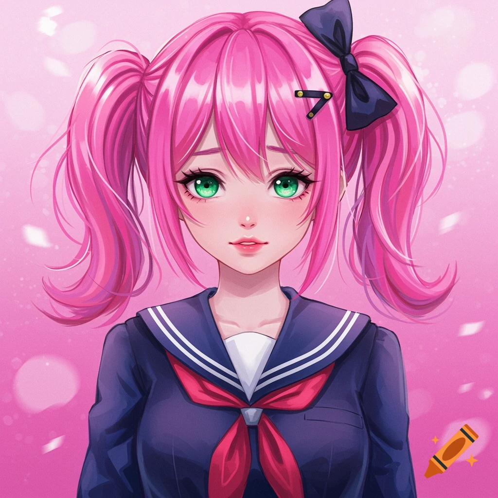 Anime portrait of a girl with pink pigtails and green eyes wearing a school uniform