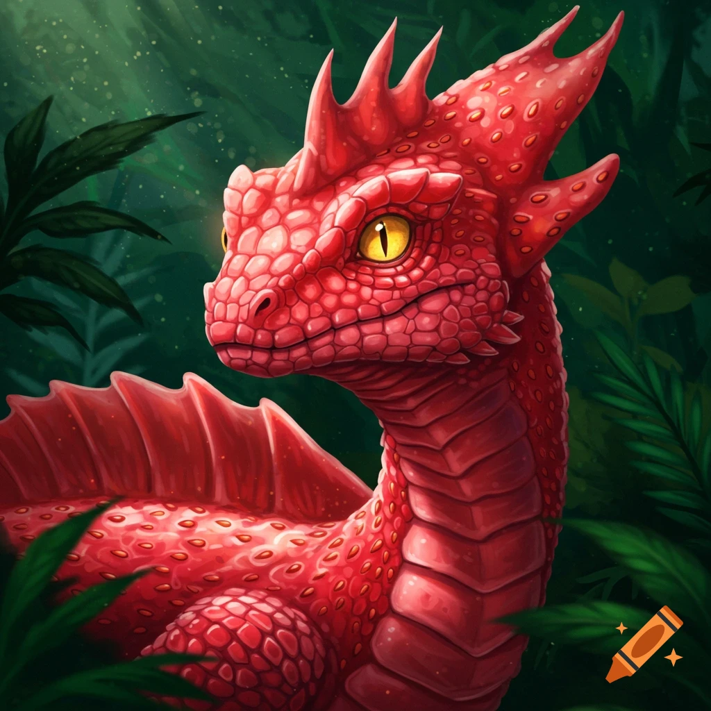Portrait of a red dragon with yellow eyes in a lush jungle.