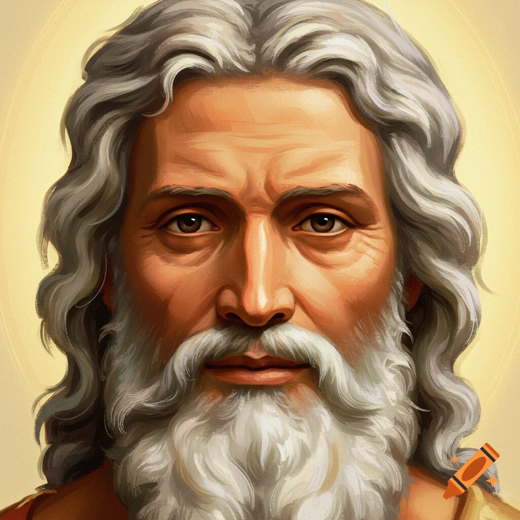 Painterly portrait of an elderly man with long white hair and beard.