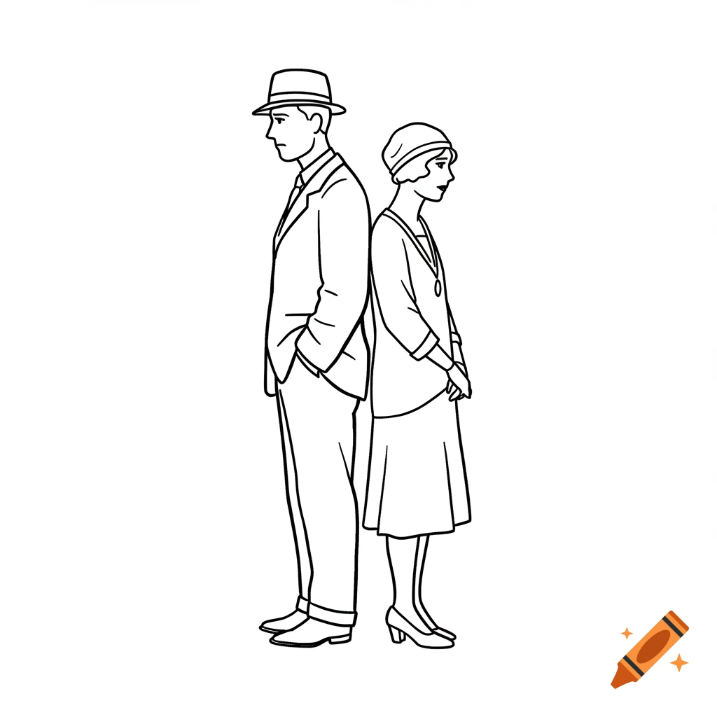Outline of a sad man and woman from the 1920s standing back to back on