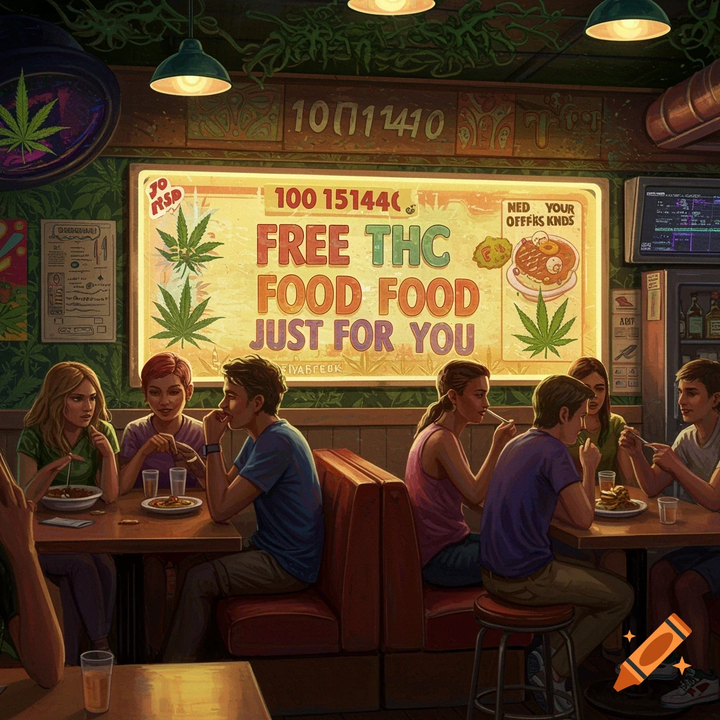 Cannabis-themed restaurant menu with "FREE THC FOOD JUST FOR YOU" and "100151440" title