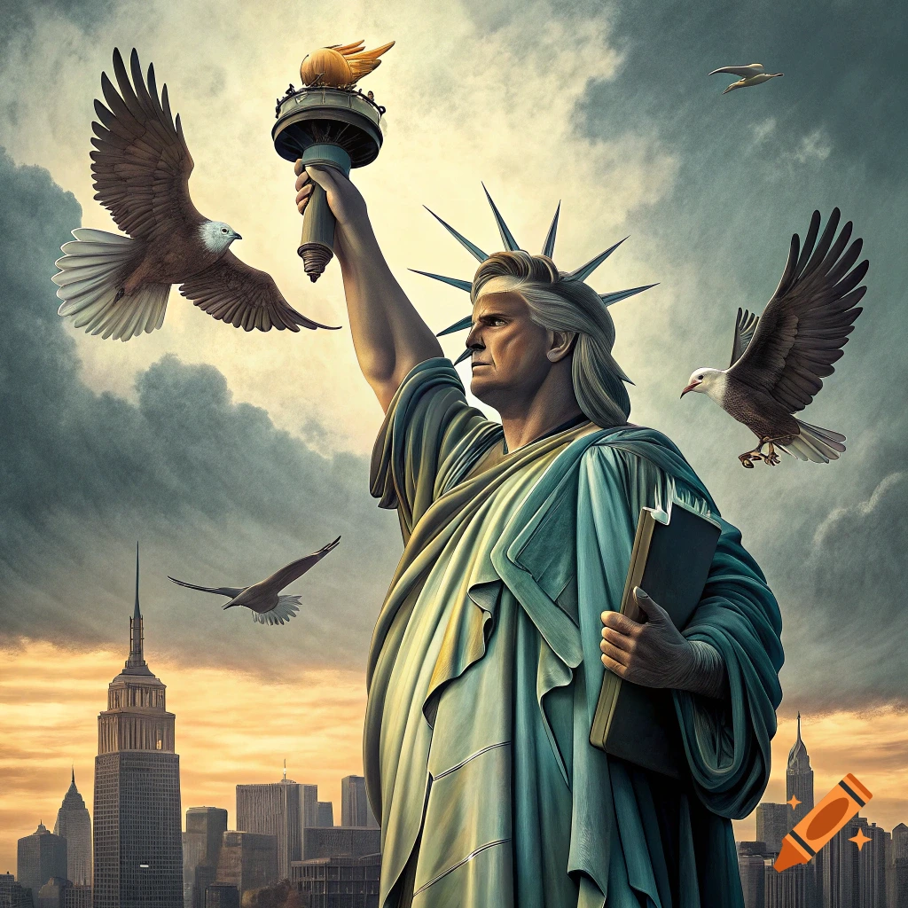 Donald Trump as the Statue of Liberty with Eagles