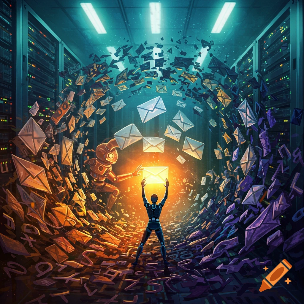 Figures in a server room separating streams of mail and data, with letters and numbers on the floor.