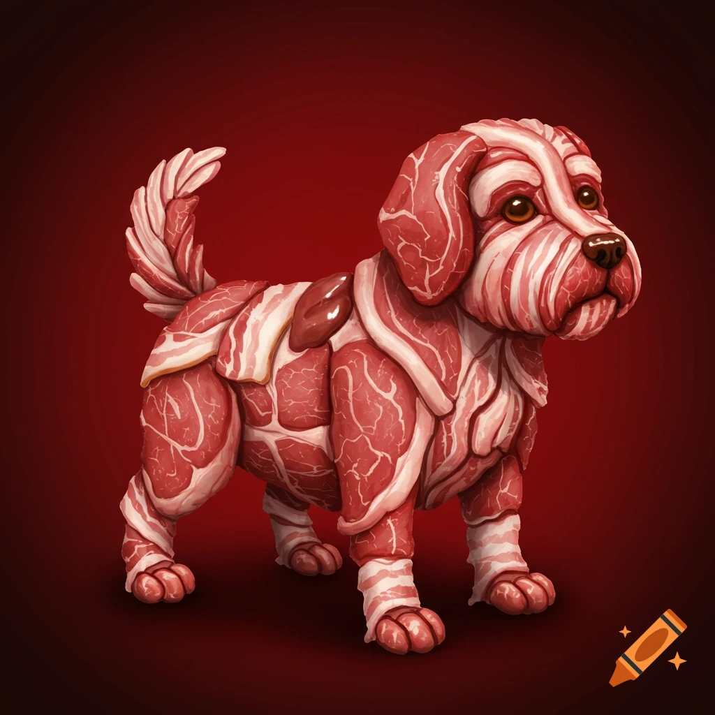 A small dog figure made entirely of raw meat slices against a red background.