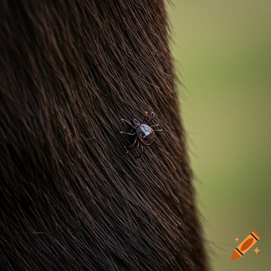 Close-up photo of a tick on dark animal fur.