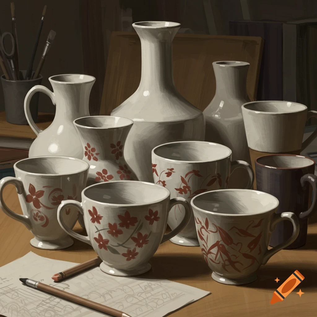 A still life drawing shows several white cups and vases with red patterns on a table with paper and pencils.