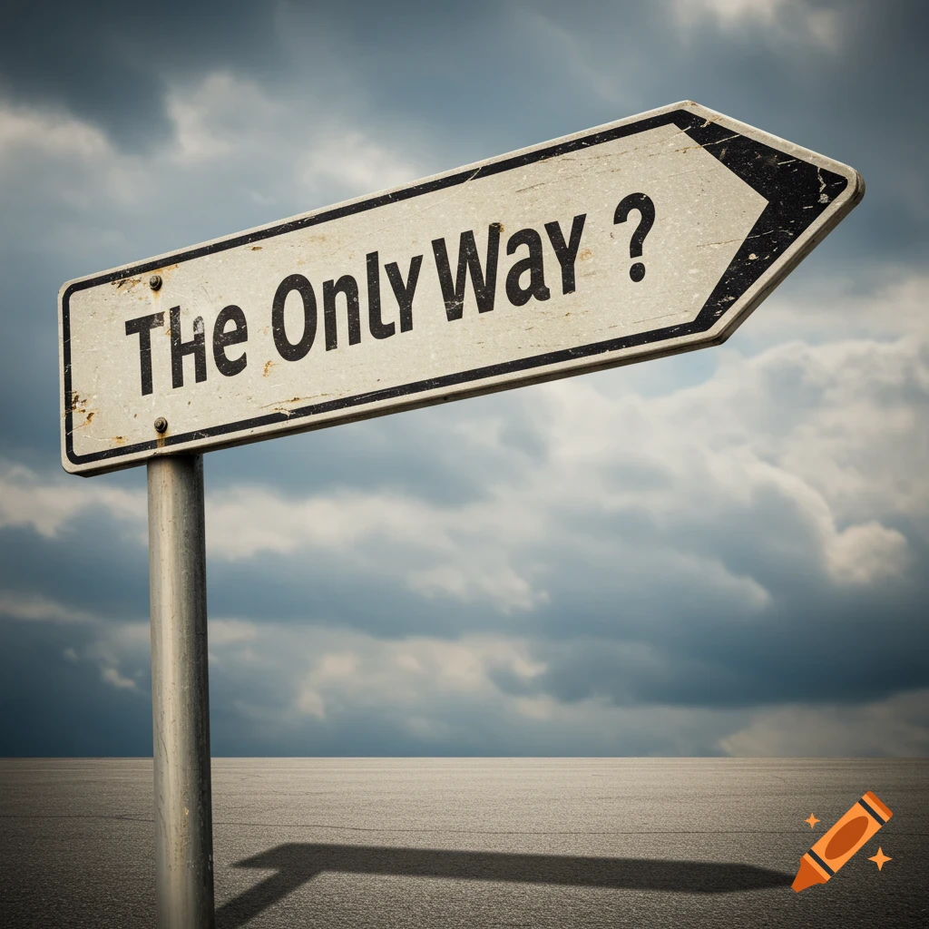 A street sign reading 'The Only Way?' points right against a cloudy sky.