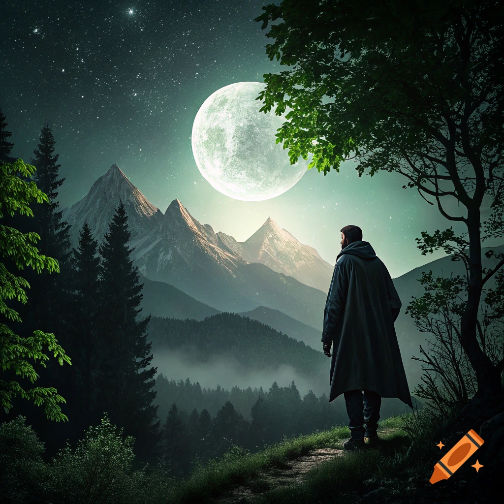 A person stands on a path looking towards mountains under a bright moonlit night sky with stars.