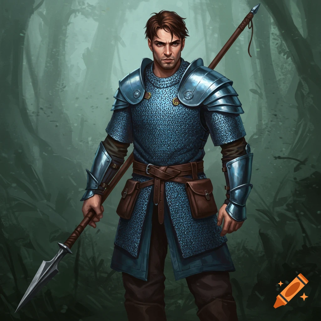 A male warrior in chainmail and plate armor holds a spear, standing in a forest.