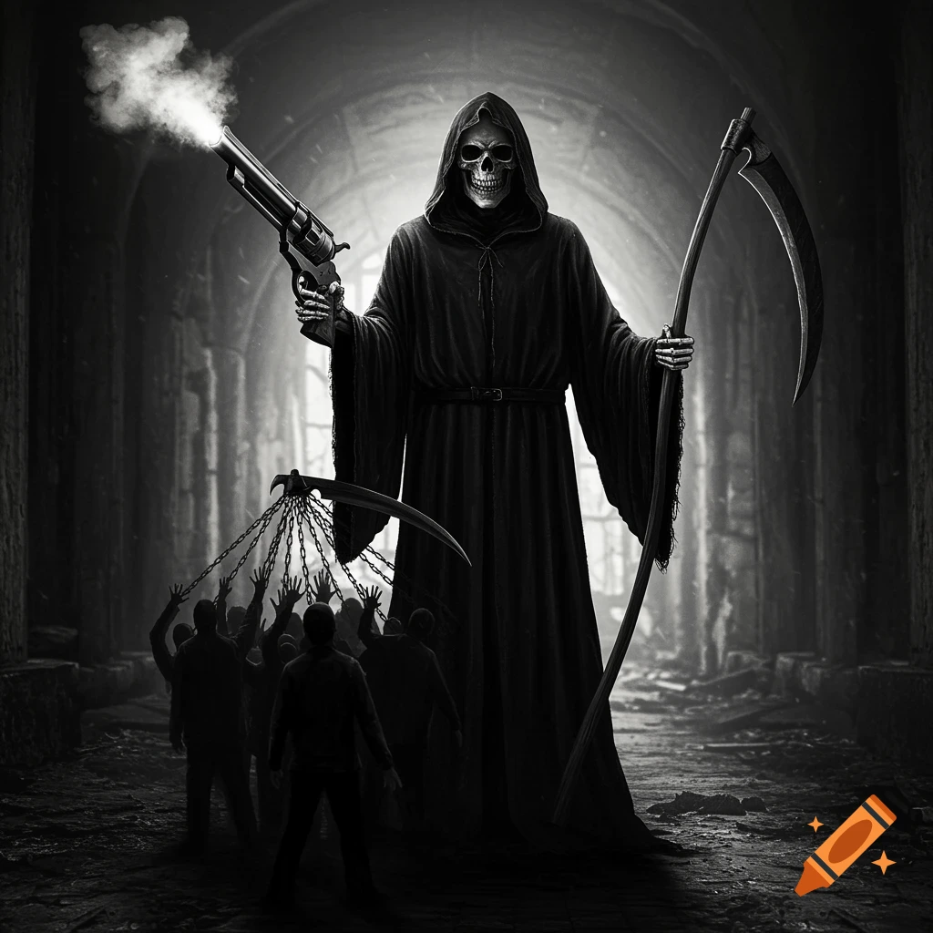 Grim Reaper holding a smoking gun and a large scythe captures figures in a dark, atmospheric hallway.