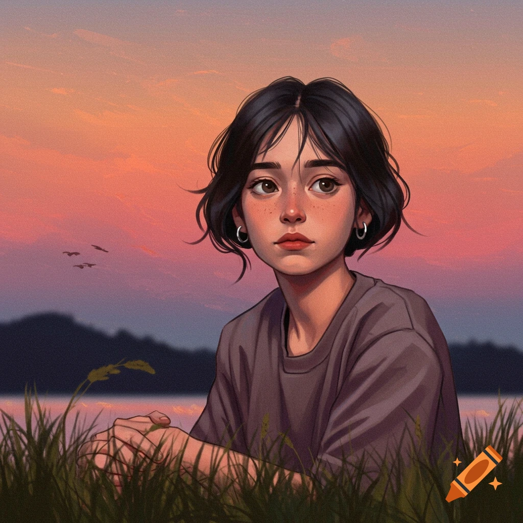 An anime-style portrait of a young woman with short dark hair, sitting in tall grass at sunset.