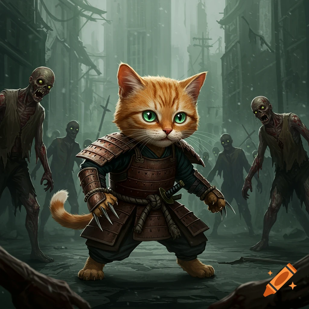 An orange cat in samurai armor stands ready to fight a horde of zombies in a ruined city.