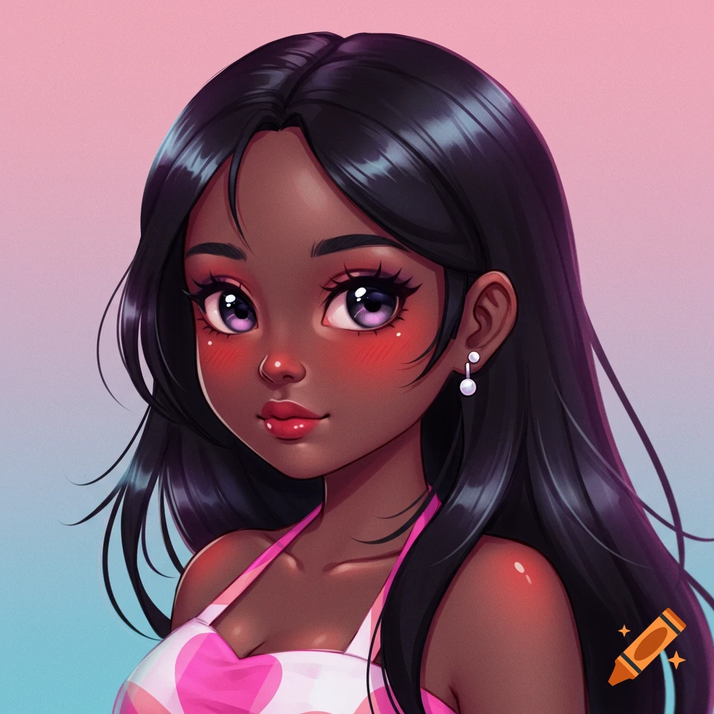 Cute dark skin anime portrait of a woman with long black hair.