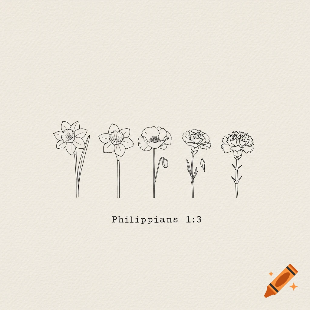 Black minimalist line art of five flowers and the text 'Philippians 1:3'.