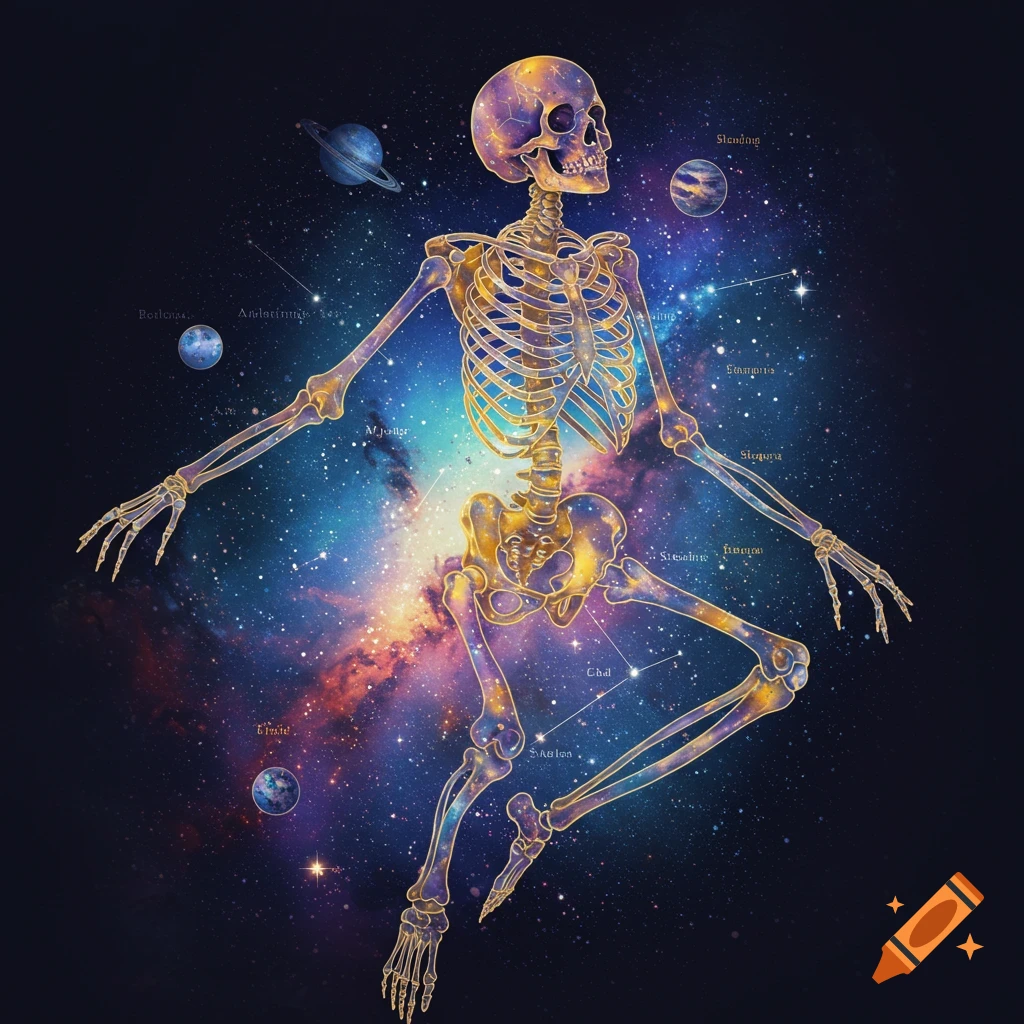 An illuminated skeleton floats in a starry space background surrounded by planets.