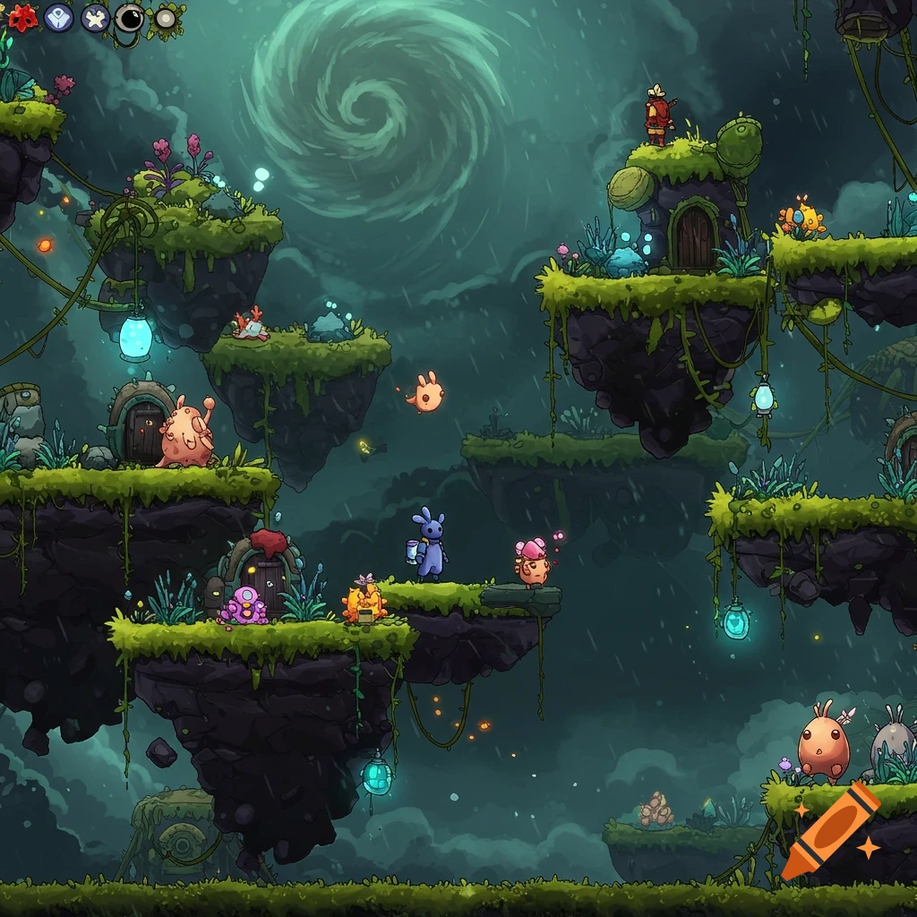 Cartoon landscape of floating islands with small creatures, platformer game style.