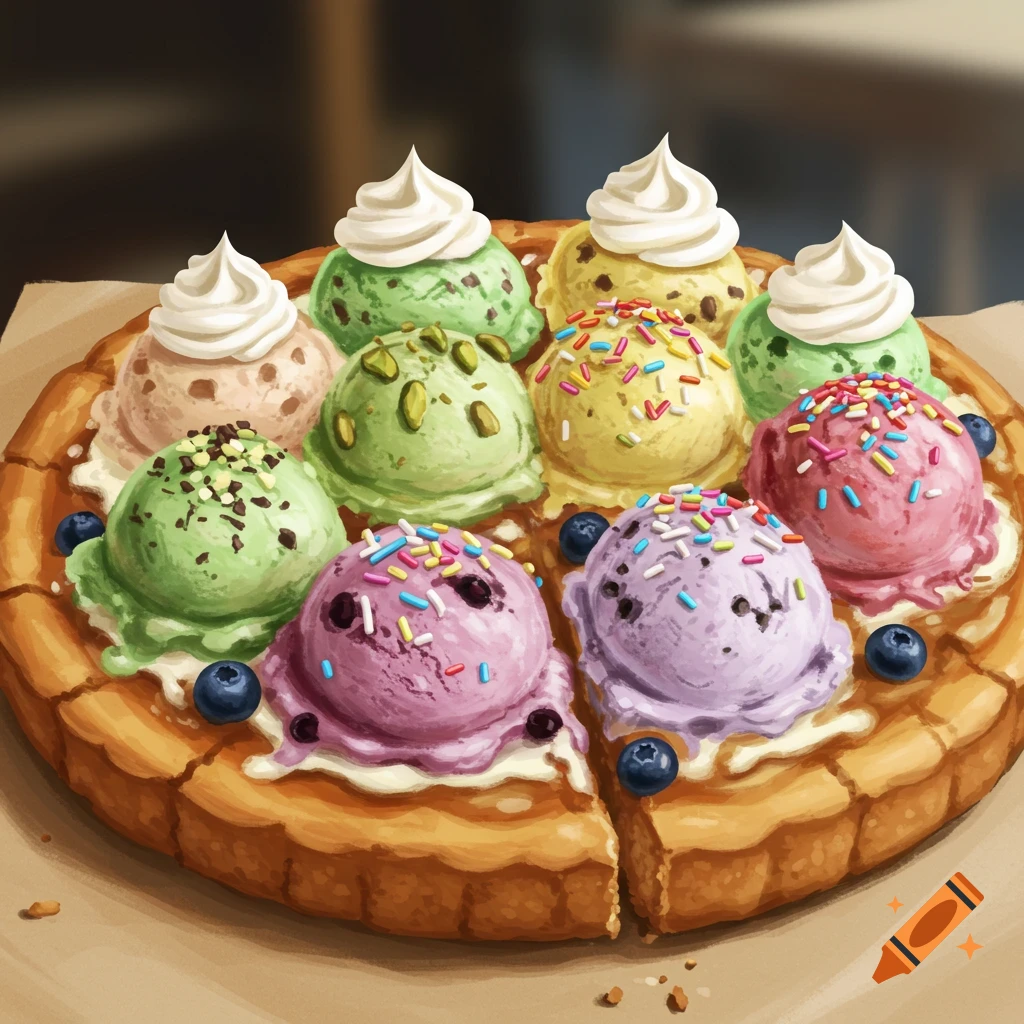 Several scoops of colorful ice cream topped with whipped cream and sprinkles on a round crust, like a pizza.