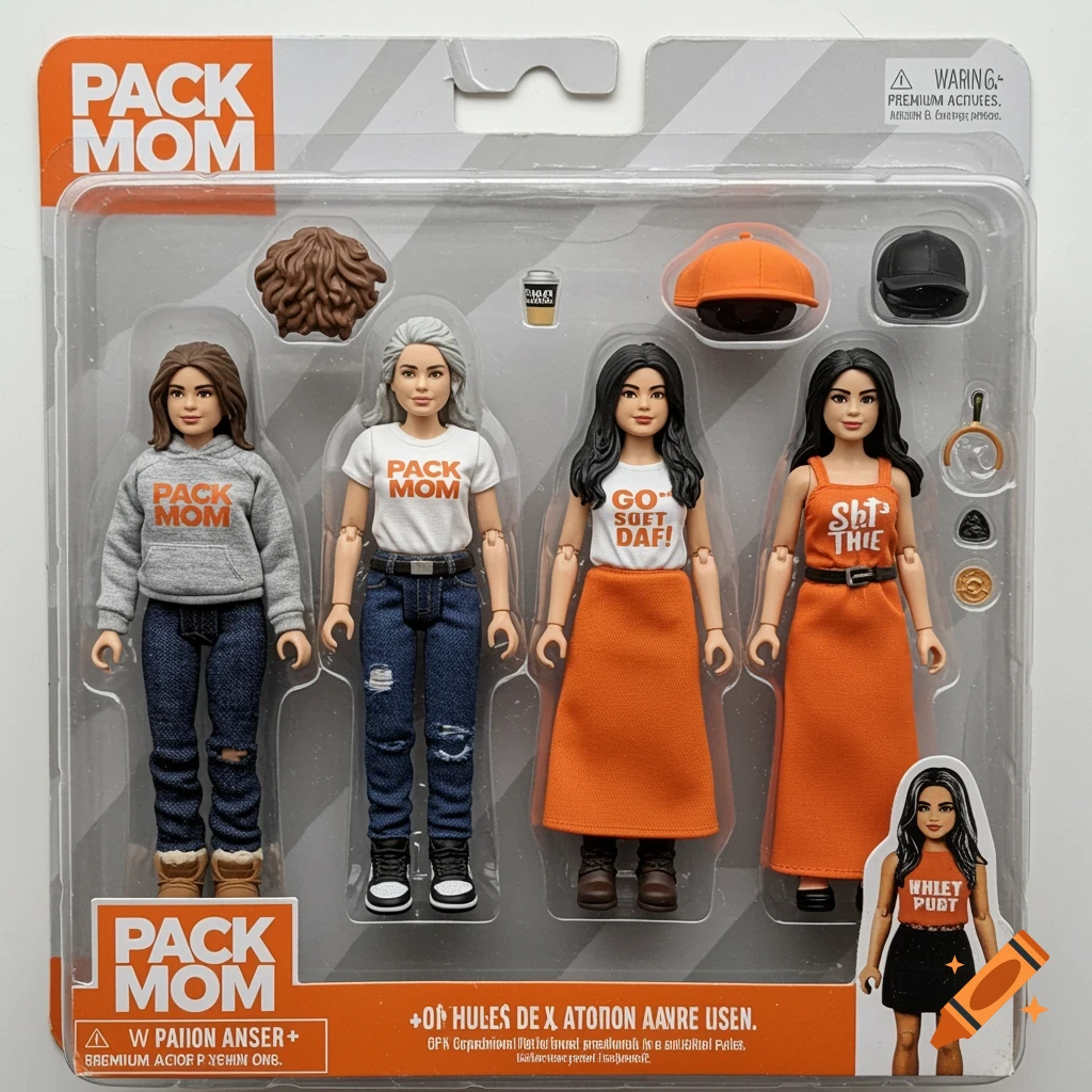Plastic action figure set in premium packaging featuring 6 female action-figures with "PACK Mom" and "BACK the PACK" apparel.