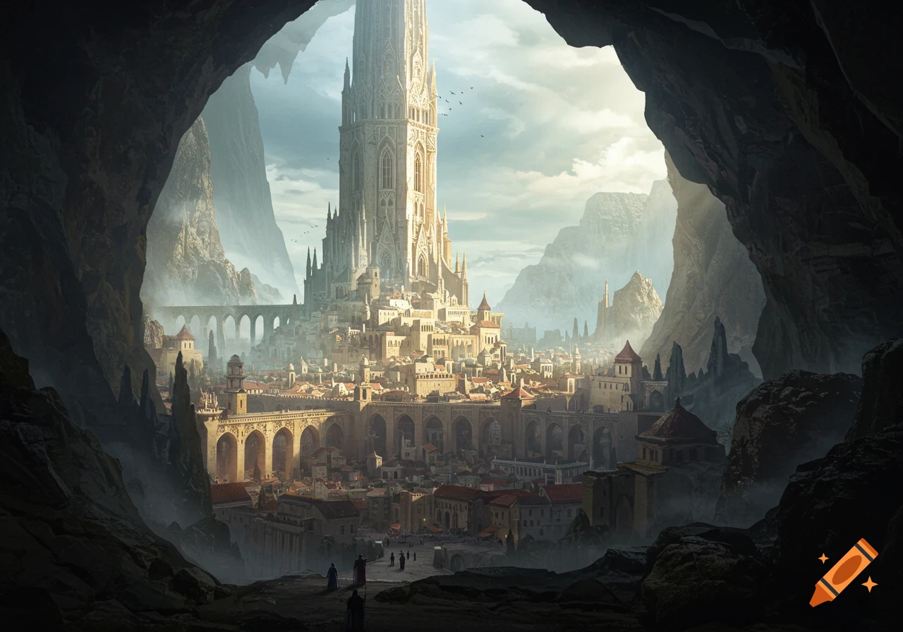 A fantasy city with a tall tower viewed from inside a cave.