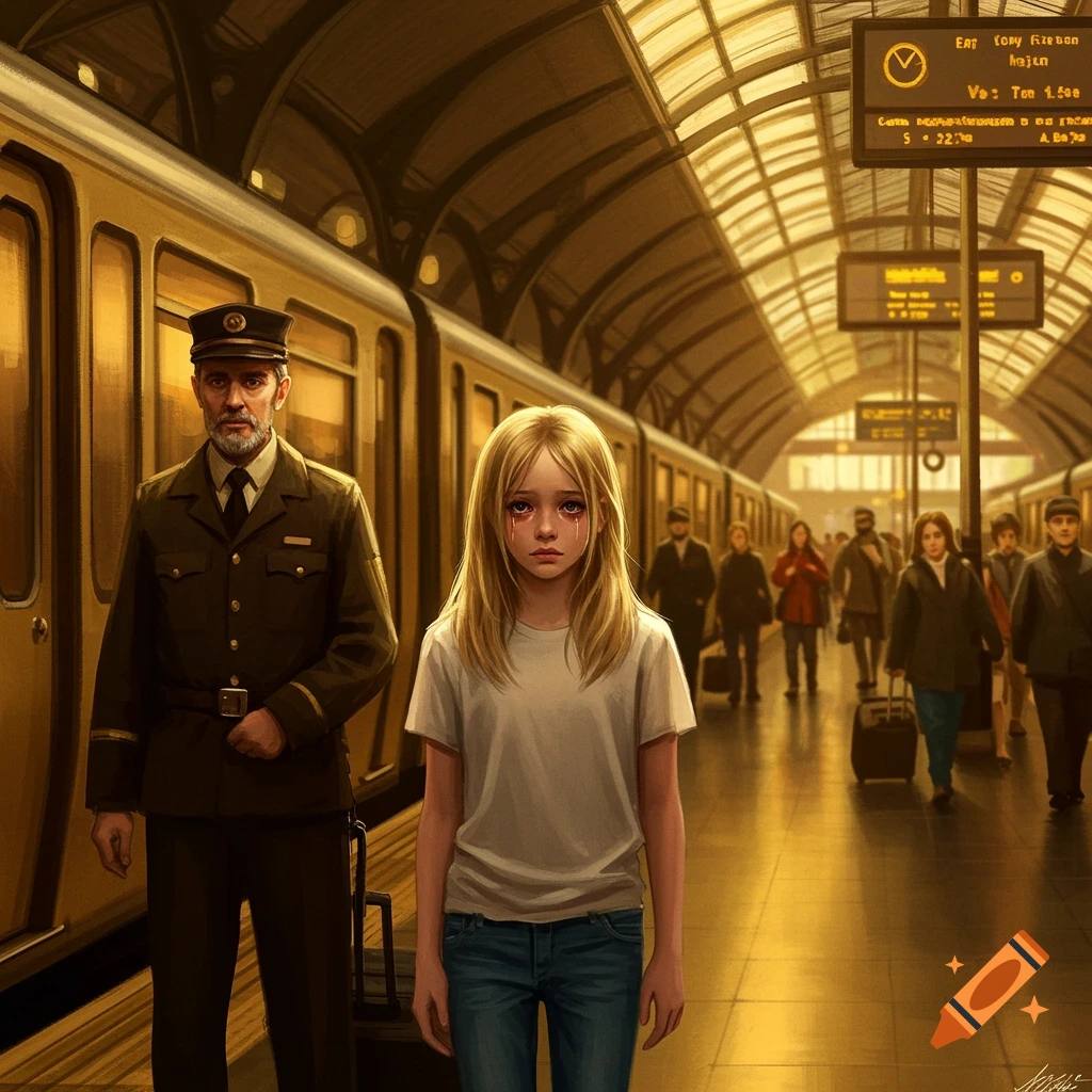 A sad girl sits in a train station with a conductor.