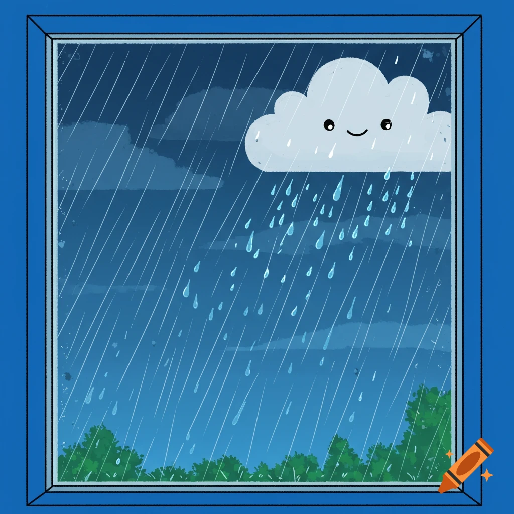 Cartoon view through a window of a smiling cloud raining outside.