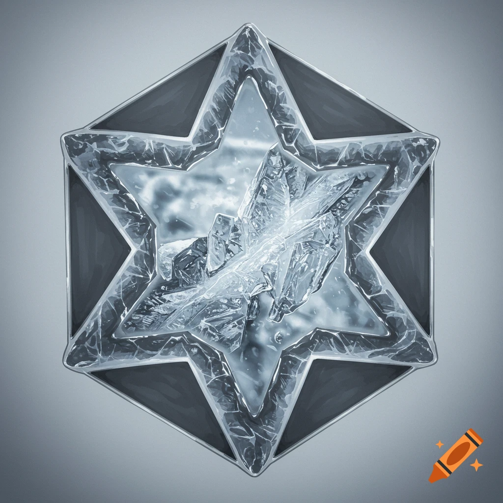 A grey hexagon emblem containing a six-pointed ice star.