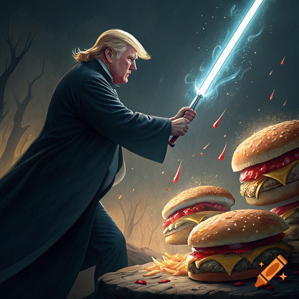 Donald Trump uses a lightsaber to fight giant cheeseburgers in a dark landscape.