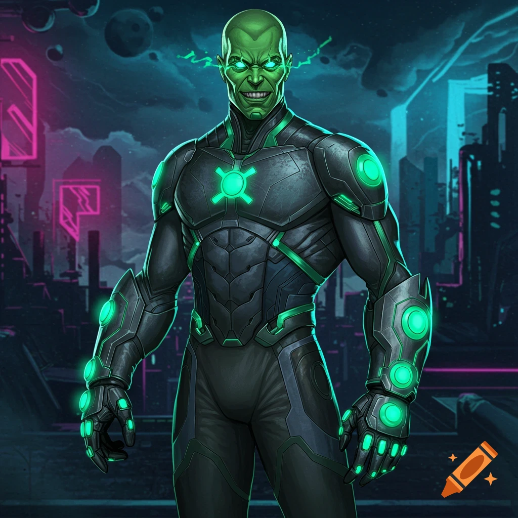 A green-skinned supervillain in a glowing black and green suit stands in a futuristic city.