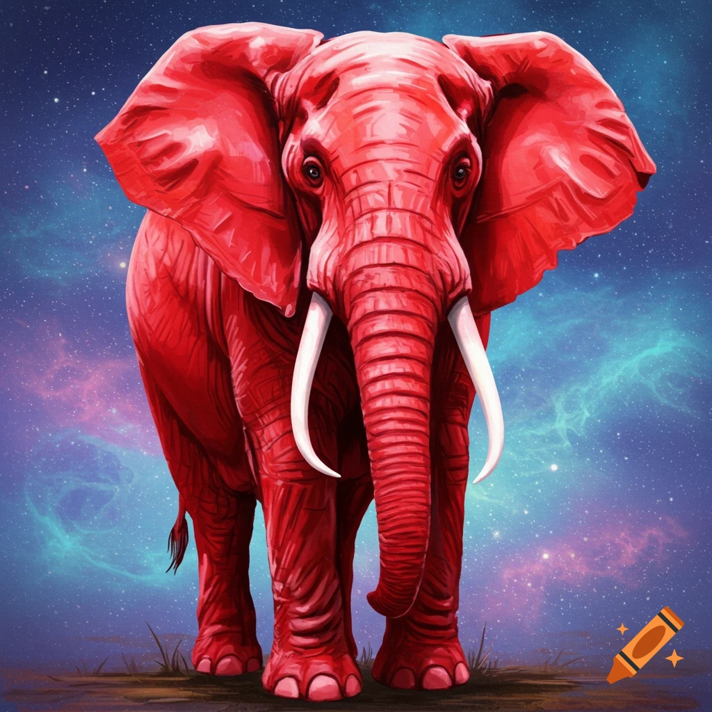 A bright red elephant stands on grass against a background of stars and colorful nebula.