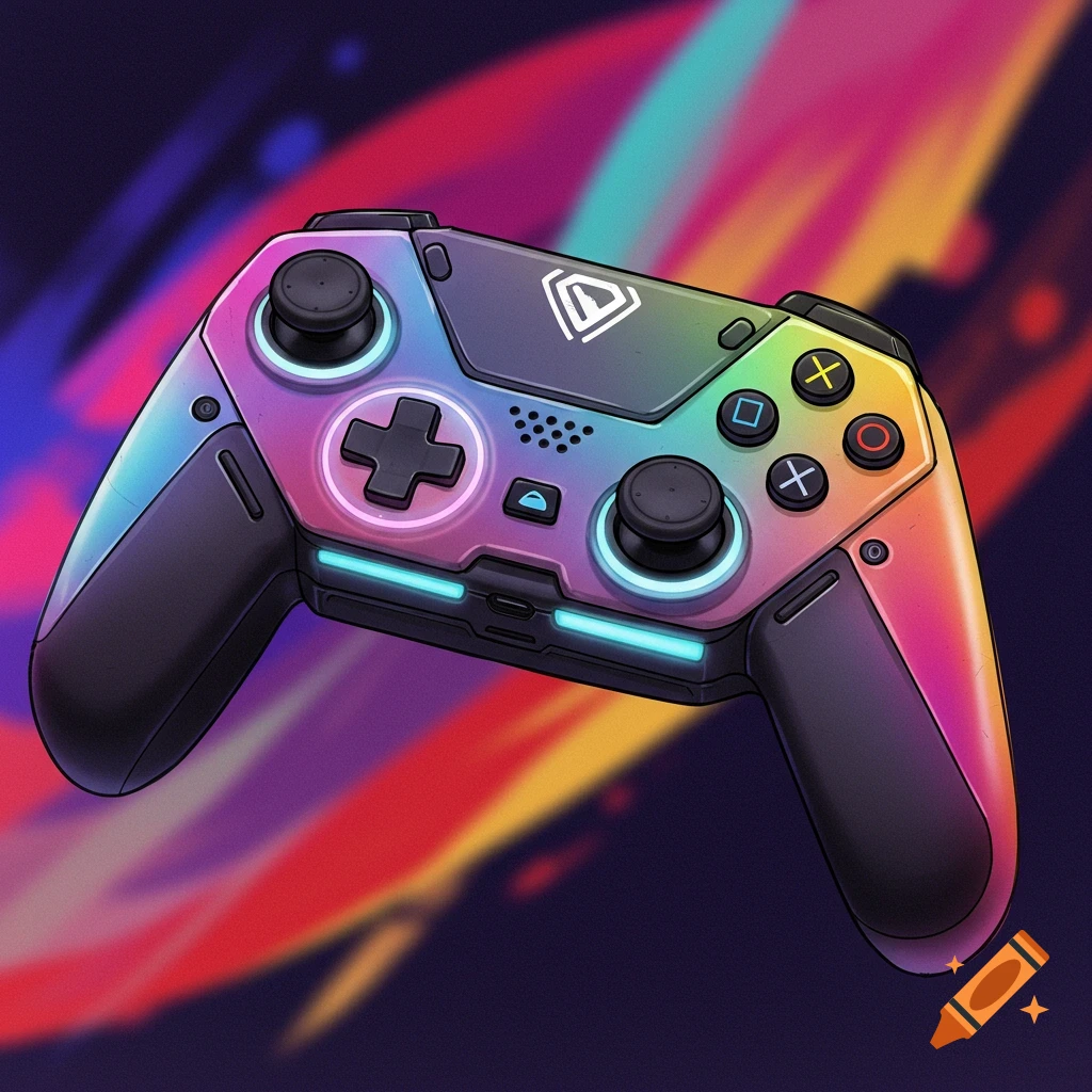 Stylized illustration of a gaming controller with a rainbow color gradient