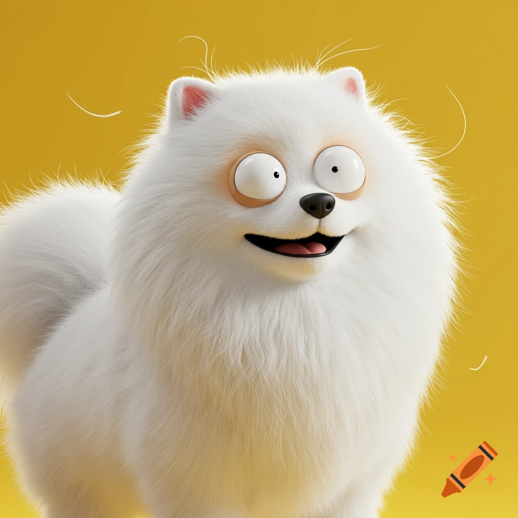 Cartoon close-up of a white fluffy dog with big eyes smiling against a yellow background.