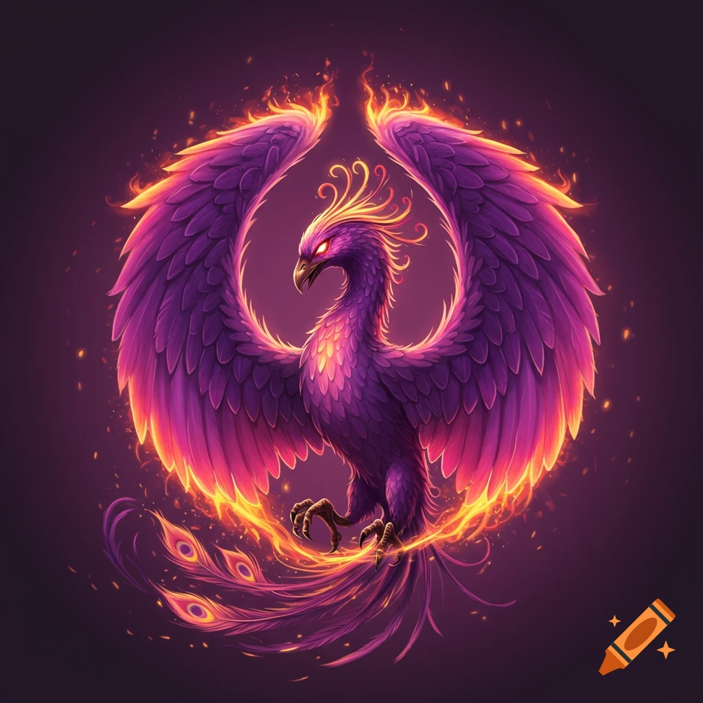 A purple phoenix with outstretched wings engulfed in fire.