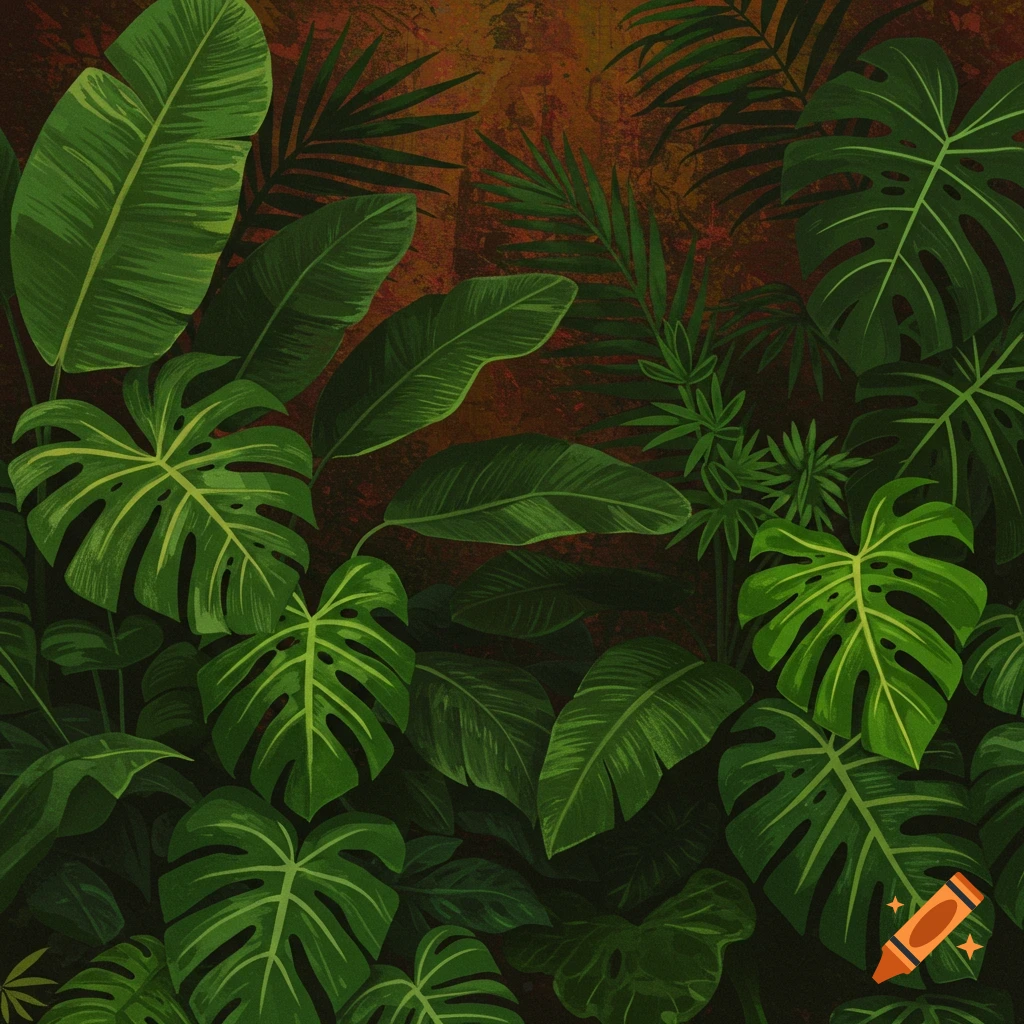 Dense arrangement of vibrant green tropical leaves on a textured, earthy background