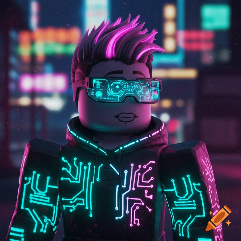 Roblox character with futuristic glasses and glowing circuit hoodie in a cyberpunk city at night.